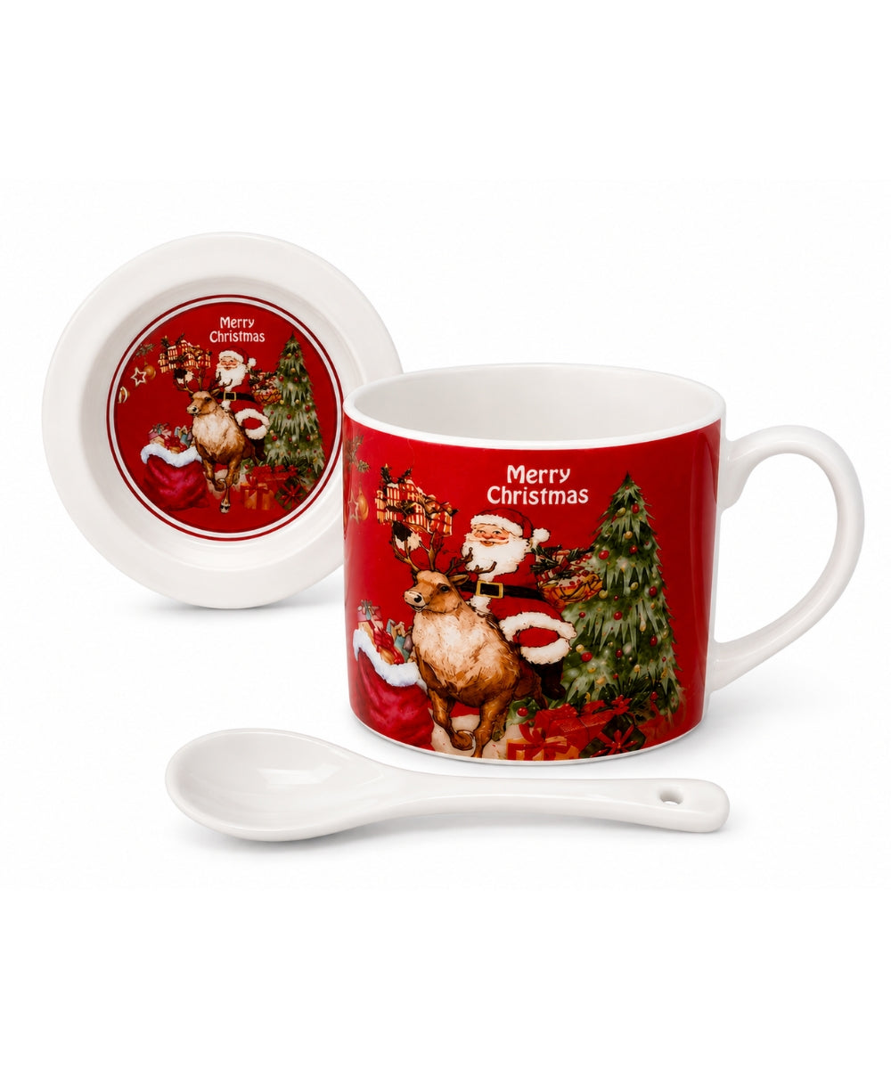 Pocillo Navideño Rojo con Tapa y Cuchara – Diseño Santa y Reno