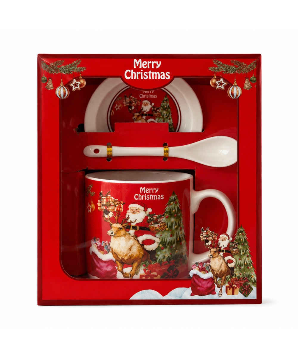 Pocillo Navideño Rojo con Tapa y Cuchara – Diseño Santa y Reno