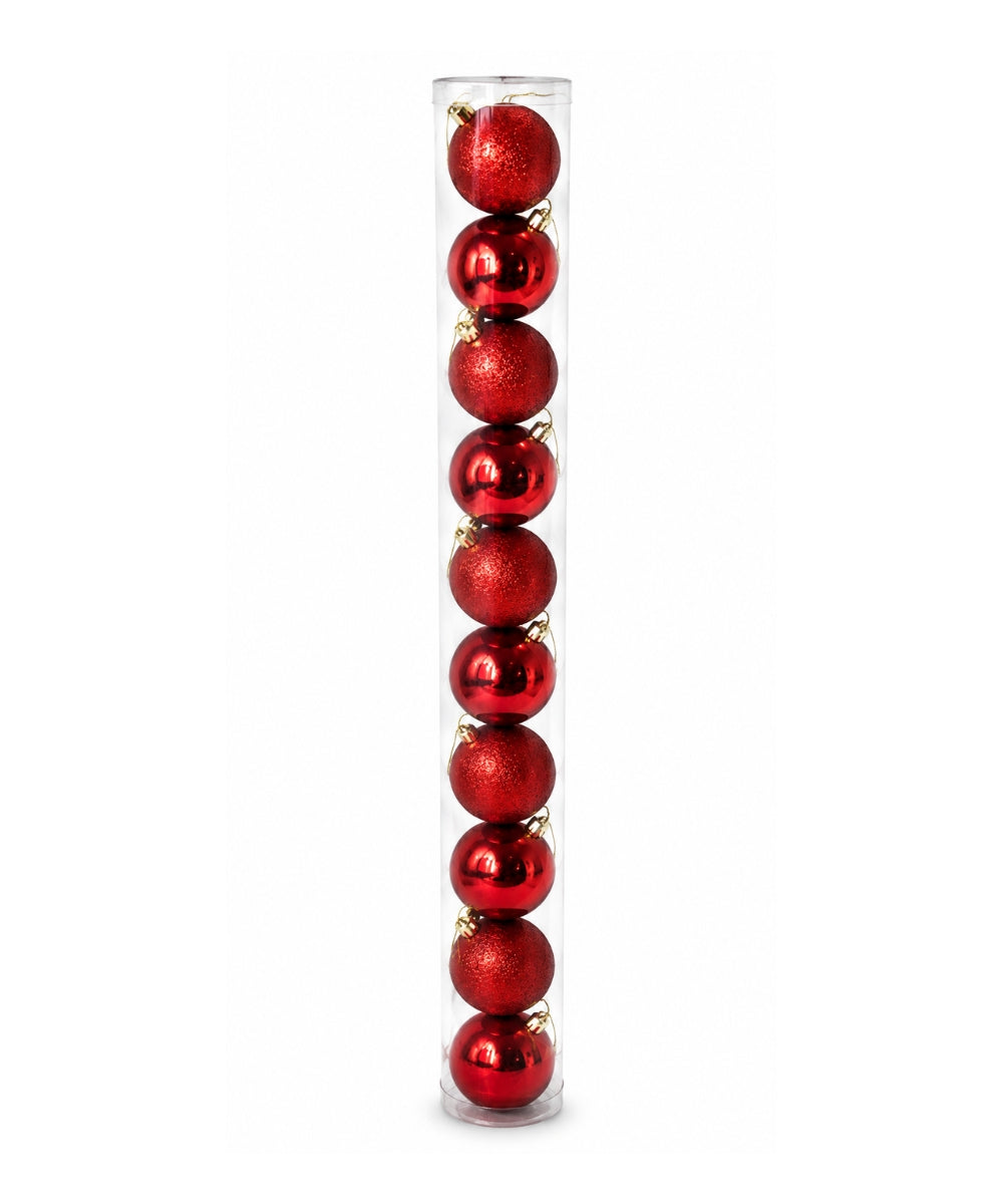 Tubo x10 Bolas Navideñas 7 cm Rojo Brillante y Escarcha Esferas para Árbol de Navidad