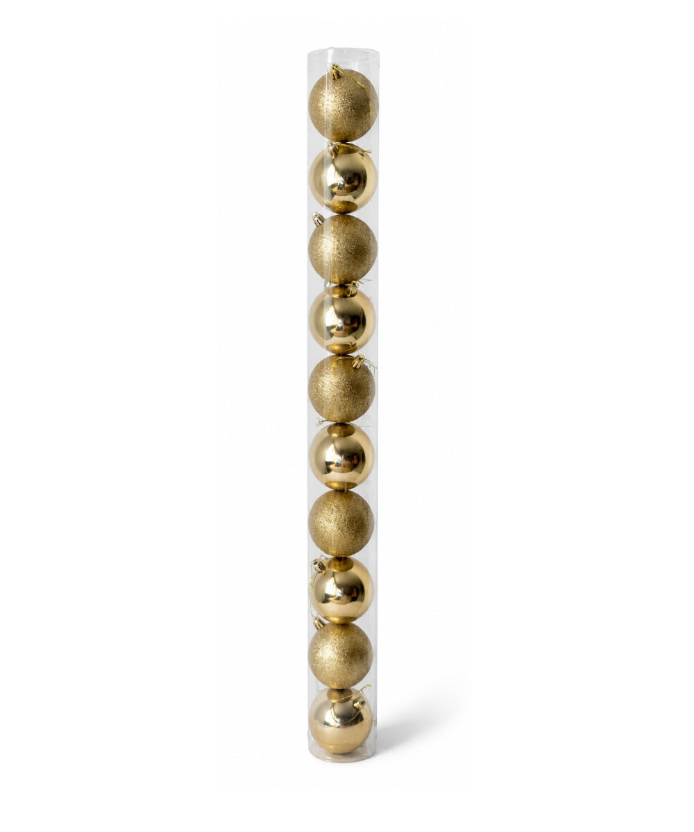 Tubo x10 Bolas Navideñas 7 cm Dorado Brillante y Escarchado Esferas para Árbol de Navidad