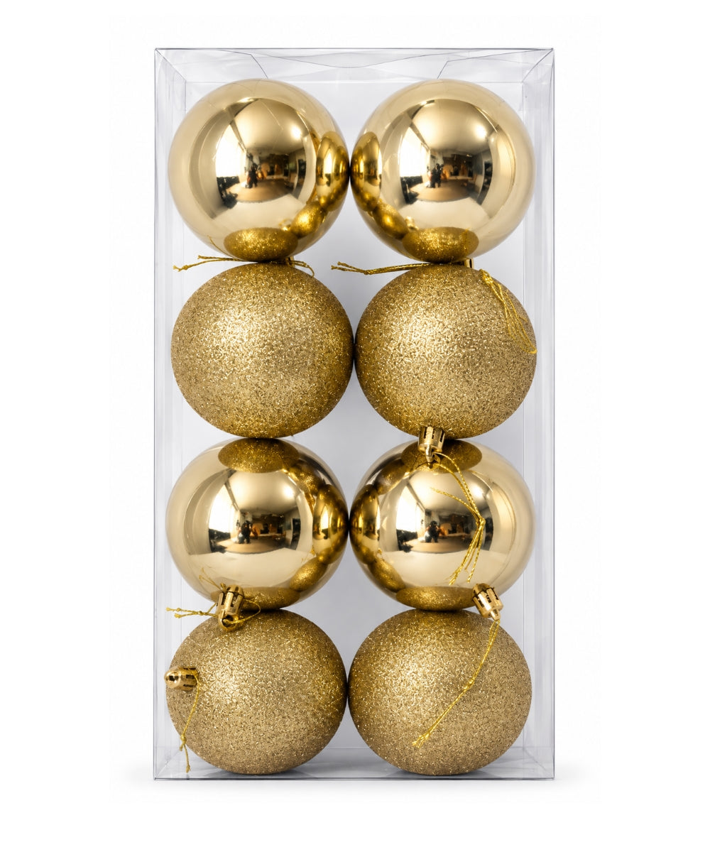Set x8 Bolas Navideñas 8 cm Dorado Brillante y Escarchado Esferas para Árbol de Navidad