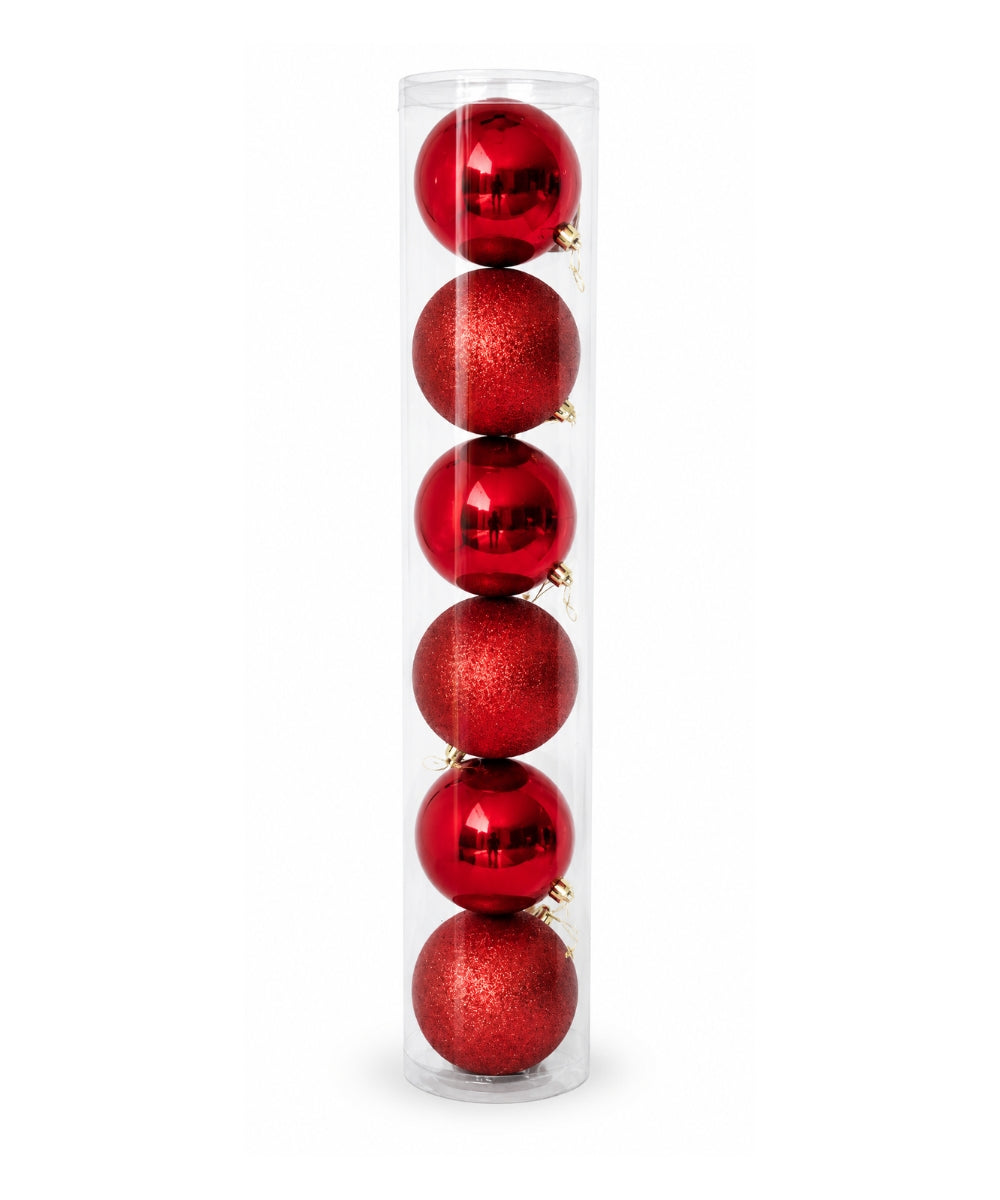 Set x6 Bolas Navideñas 10 cm Rojo Brillante y Escarchado Esferas para Árbol de Navidad