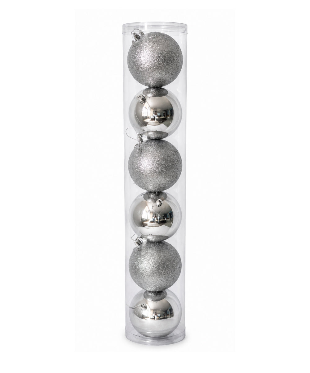 Set x6 Bolas Navideñas 10 cm Plateado Brillante y Escarchado Esferas para Árbol de Navidad