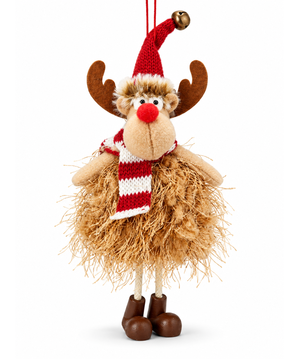 Reno Navideño Colgante Café con Gorro Rojo 24 cm