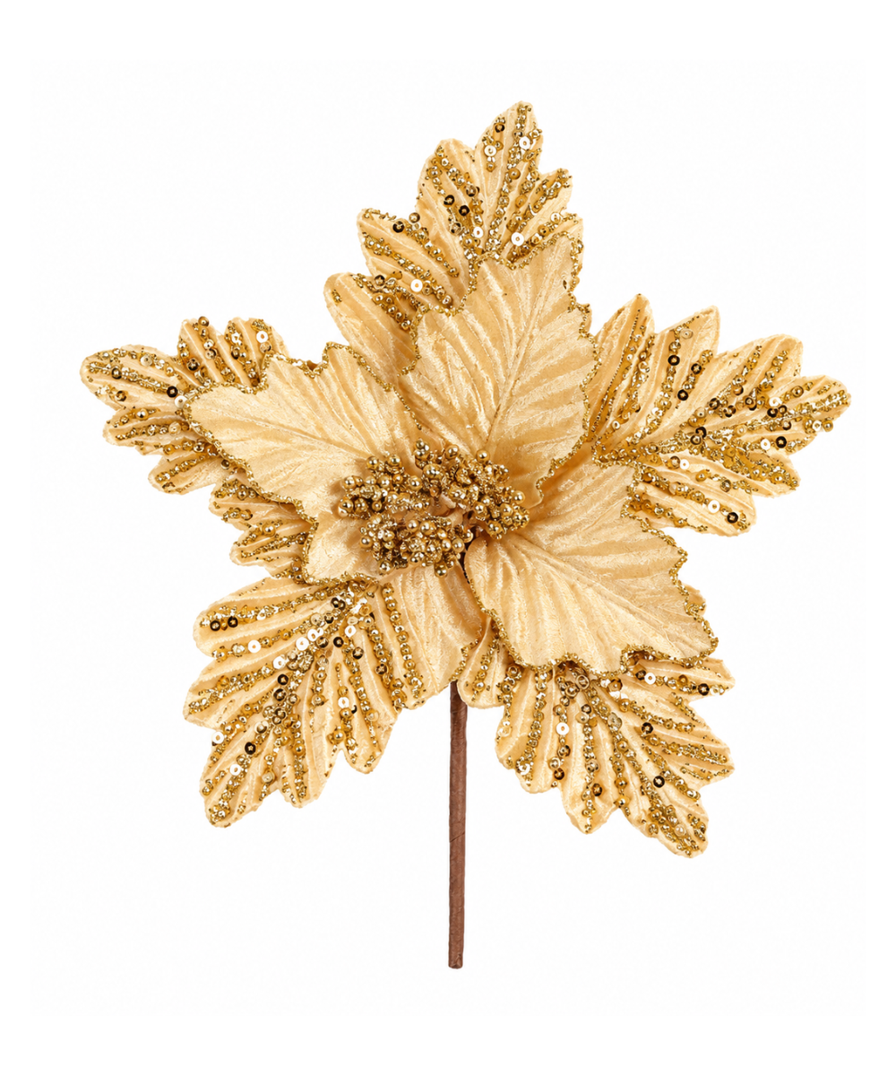 Flor Navideña Dorada con Canutillos 20 x 15 cm