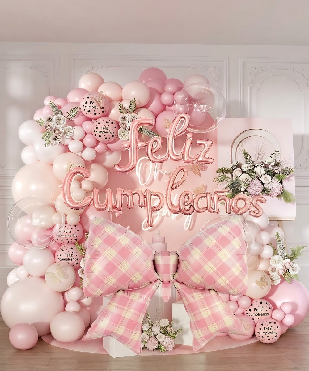 Kit de Globos Moño Rosa Foil + Latex - Set de 68 Piezas