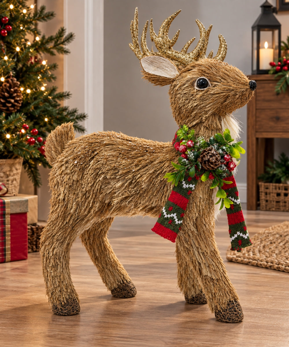 Reno Navideño Decorativo Beige con Astas Doradas 43 x 28 cm