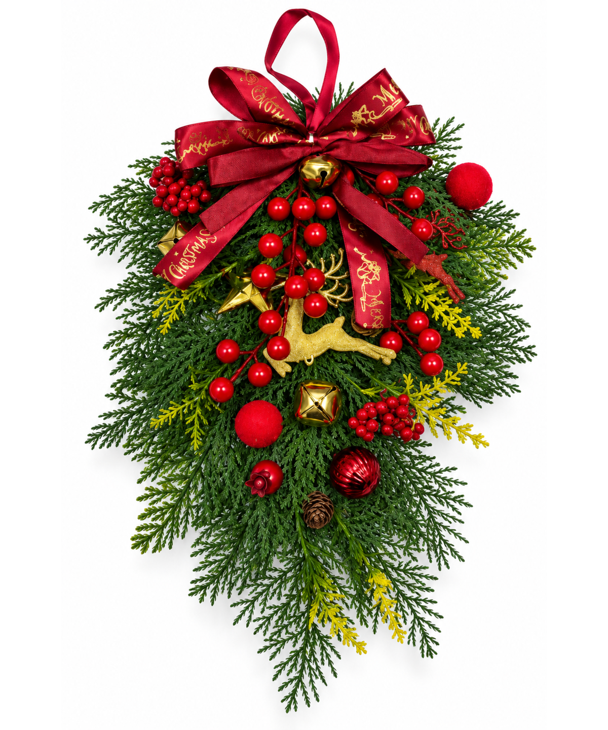 Adorno Navideño Verde con Moño Rojo 30 x 20 cm