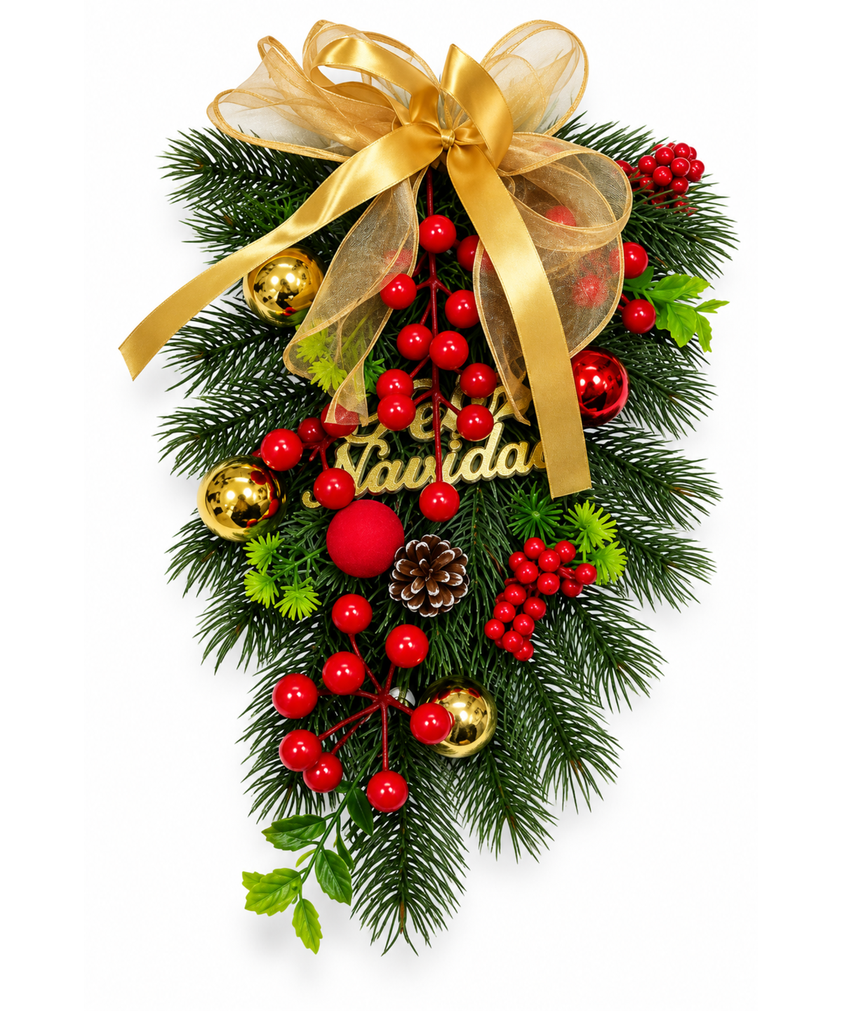 Adorno Navideño Verde con Berries y Moño Dorado 30 x 20 cm