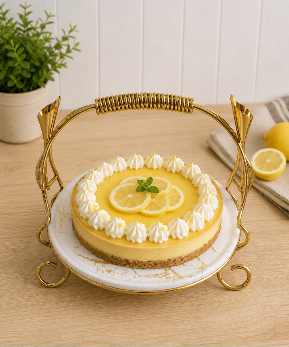 Bandeja Redonda Blanca Efecto Mármol con Soporte Dorado Ø25 cm 