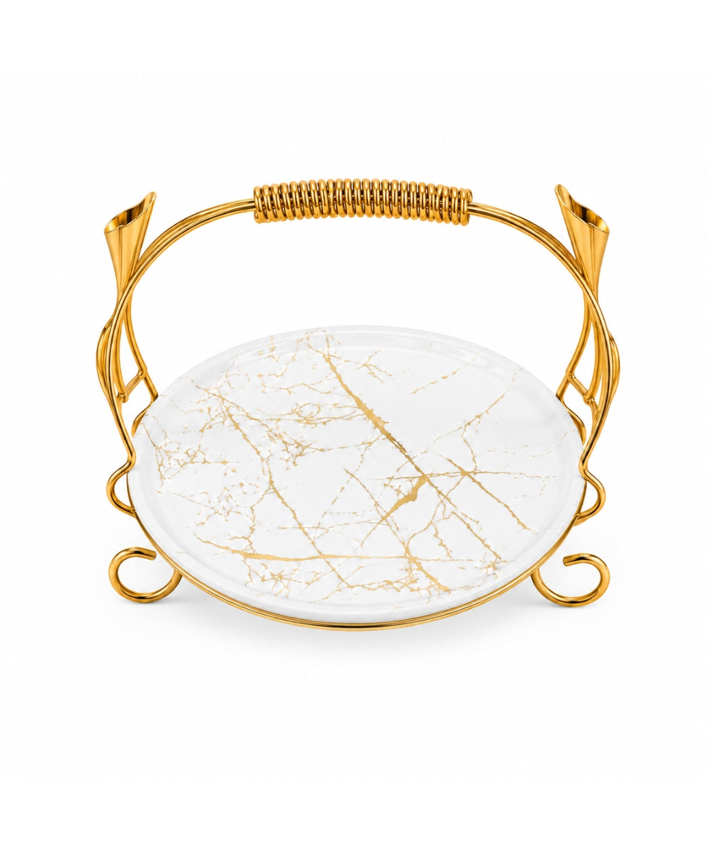 Bandeja Redonda Efecto Mármol Blanco con Soporte Dorado Ø30 cm