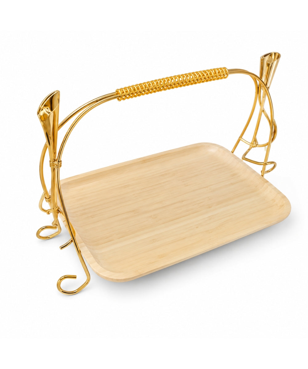 Bandeja de Bambú Natural con Soporte Dorado 30 cm