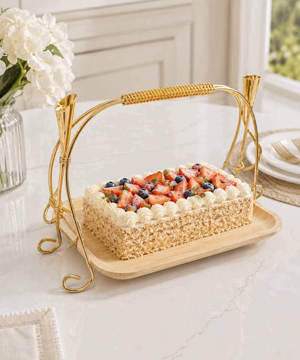Bandeja de Bambú Natural con Soporte Dorado 30 cm