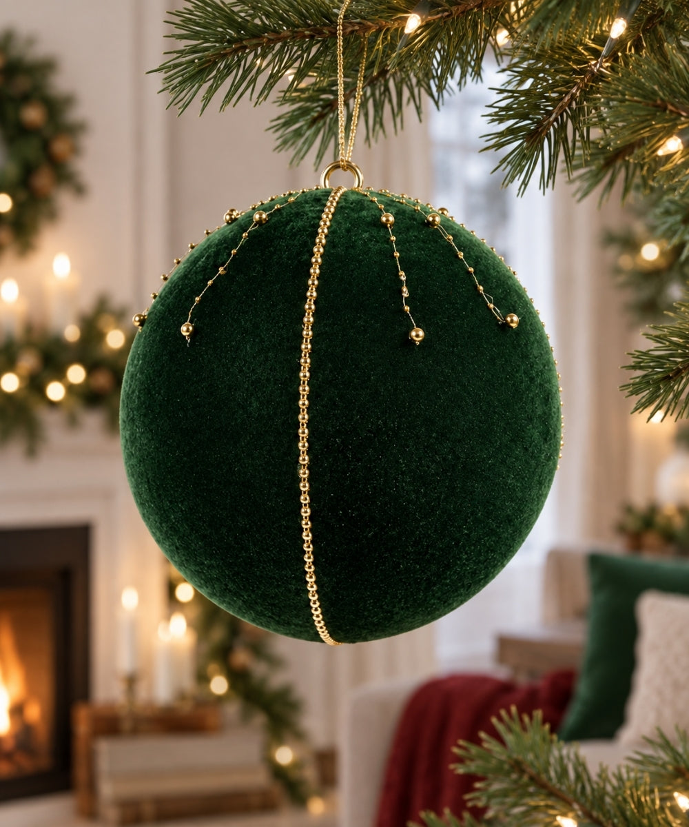 Bola Navideña Verde de 30 cm con Acabado Aterciopelado y Detalles Dorados