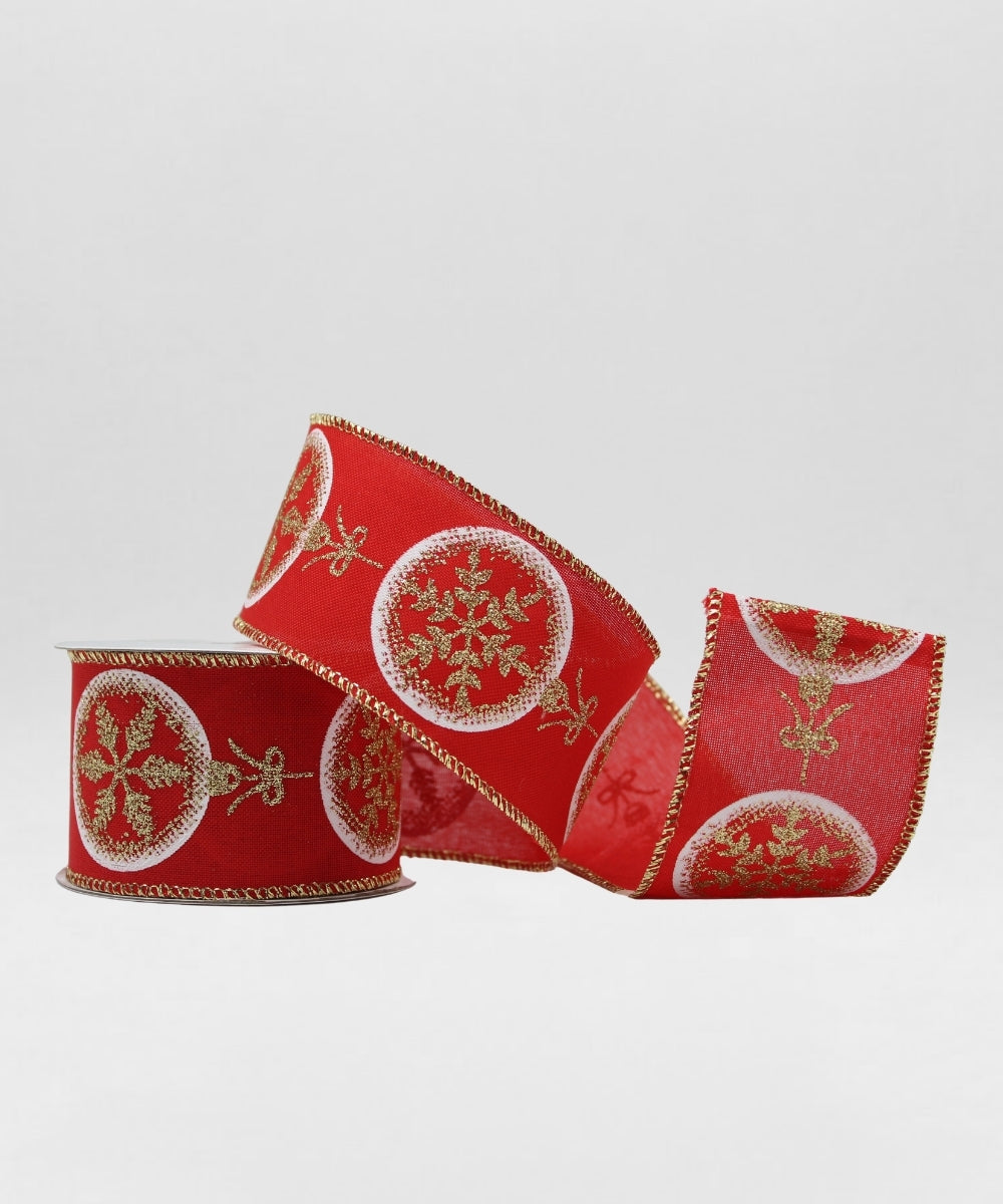 Cinta Navideña 6 cm x 9 m Figuras de Bolas Rojo y Dorado con Escarcha Decorativa