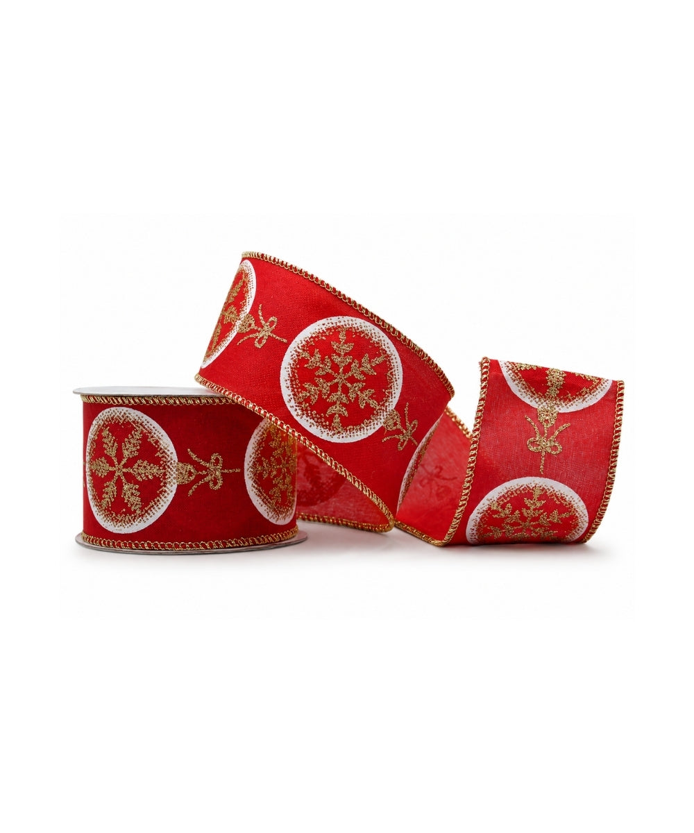 Cinta Navideña 6 cm x 9 m Figuras de Bolas Rojo y Dorado con Escarcha Decorativa
