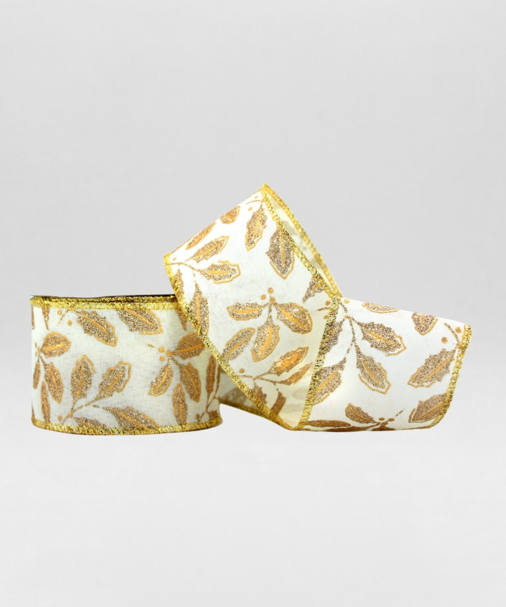 Cinta Hojas Doradas Crema 6 cm x 9 m Decorativa para Navidad y Regalos