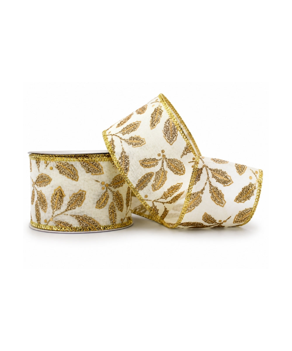 Cinta Hojas Doradas Crema 6 cm x 9 m Decorativa para Navidad y Regalos