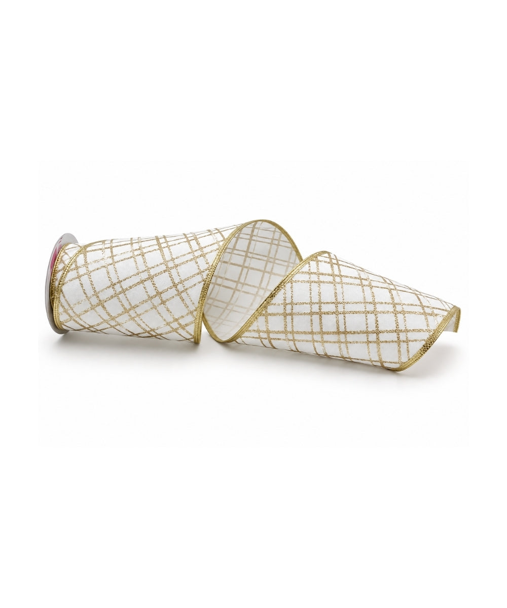 Cinta Blanca con Líneas Doradas 15 cm x 10 yd Decorativa para Navidad y Regalos