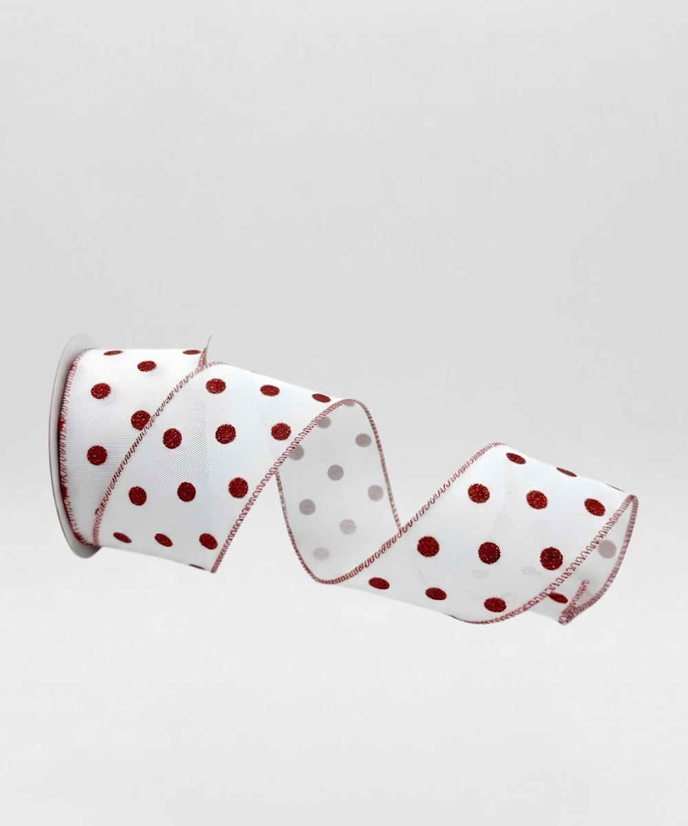 Cinta Blanca con Bolas Rojas Grandes y Escarcha 6.3 cm x 9.1 m Decorativa Navidad