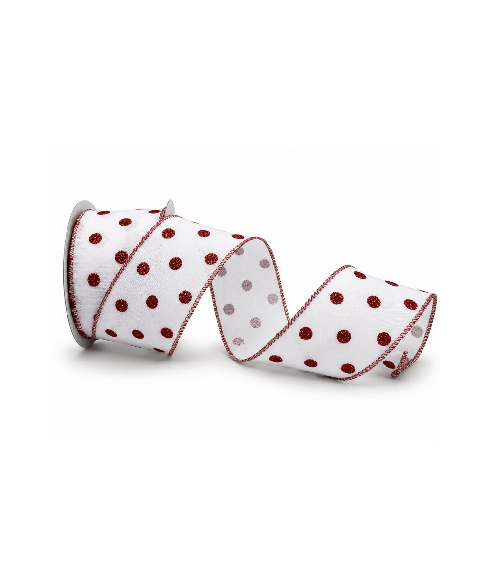Cinta Blanca con Bolas Rojas Grandes y Escarcha 6.3 cm x 9.1 m Decorativa Navidad