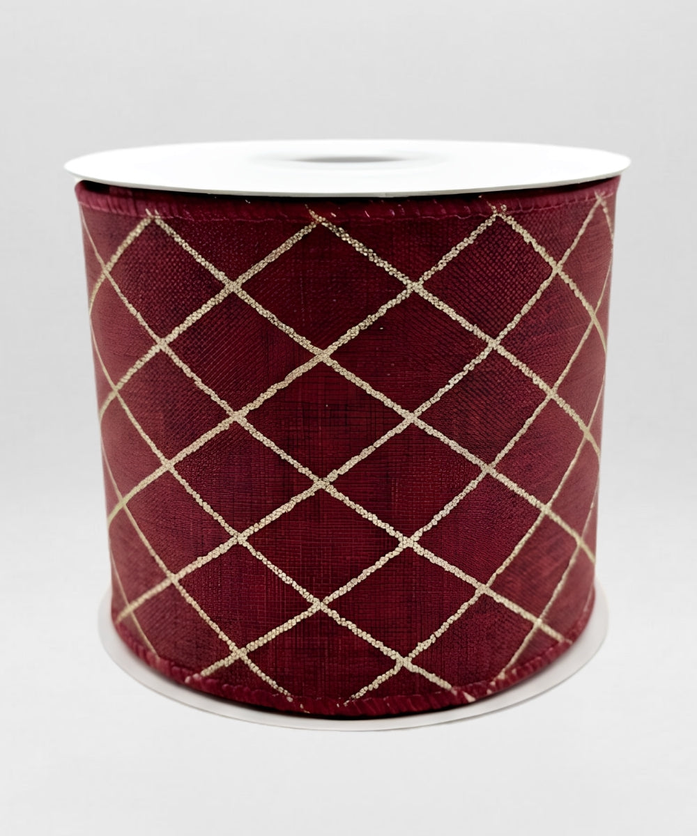 Cinta Roja con Líneas Cruzadas Doradas 10 cm x 10 yd Decorativa para Navidad y Regalos