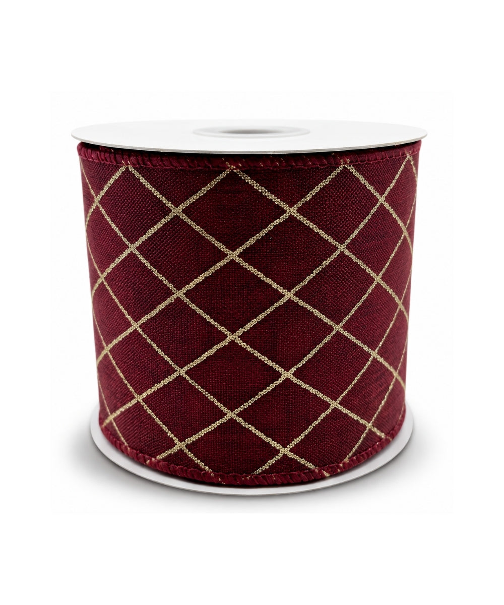 Cinta Roja con Líneas Cruzadas Doradas 10 cm x 10 yd Decorativa para Navidad y Regalos