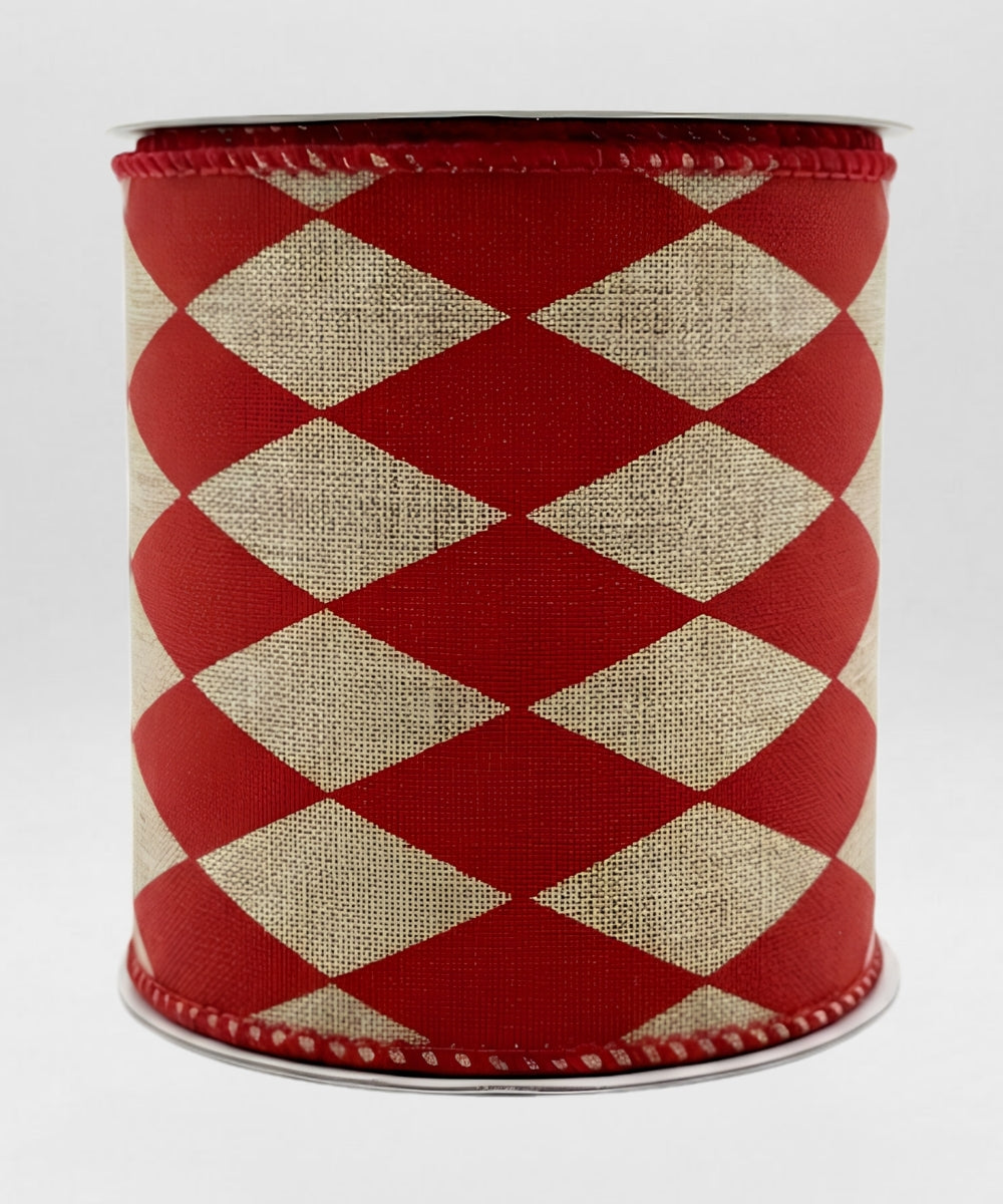 Cinta Decorativa Rombos Rojo y Yute 10 cm x 10 yd para Manualidades y Navidad