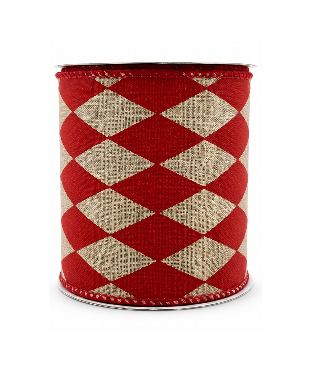 Cinta Decorativa Rombos Rojo y Yute 10 cm x 10 yd para Manualidades y Navidad