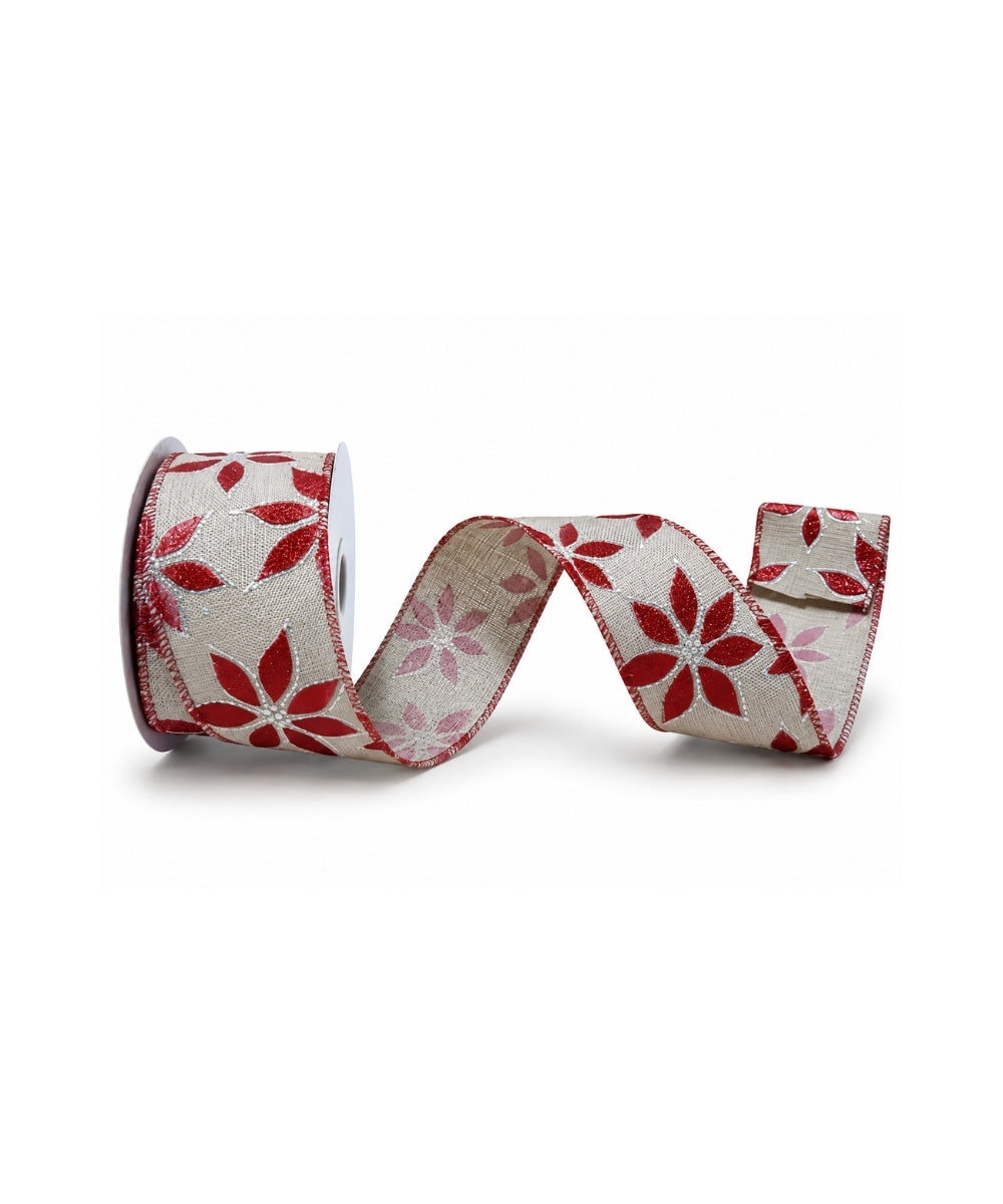 Cinta de Yute con Flor Rojo y Blanco 6.3 cm x 9.1 m Decorativa para Navidad y Regalos