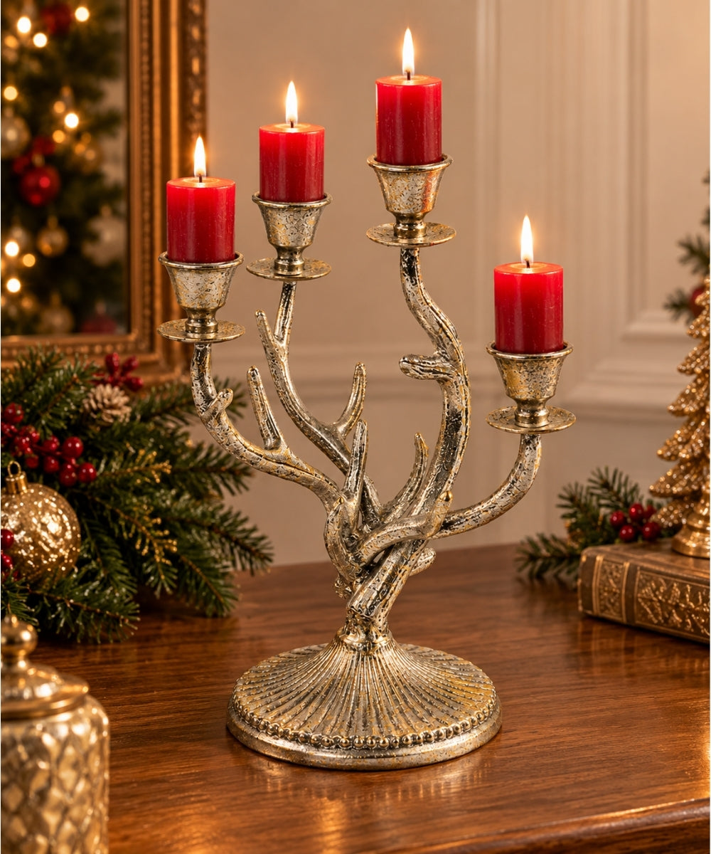 Candelabro Decorativo Plateado 14 x 30 cm de 4 Brazos
