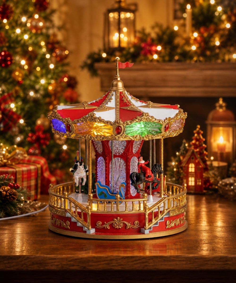 Carrusel Navideño USB Rojo y Dorado con Luz fondo