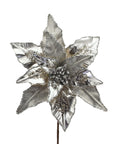 Flor Decorativa Metalizada Plata Flor Navideña para Árbol y Arreglos