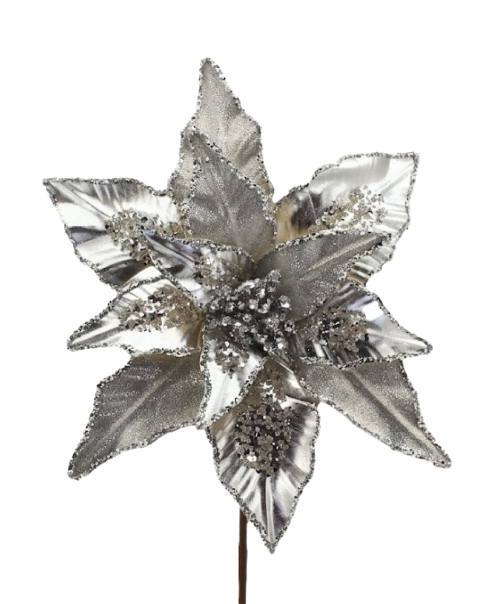 Flor Decorativa Metalizada Plata Flor Navideña para Árbol y Arreglos