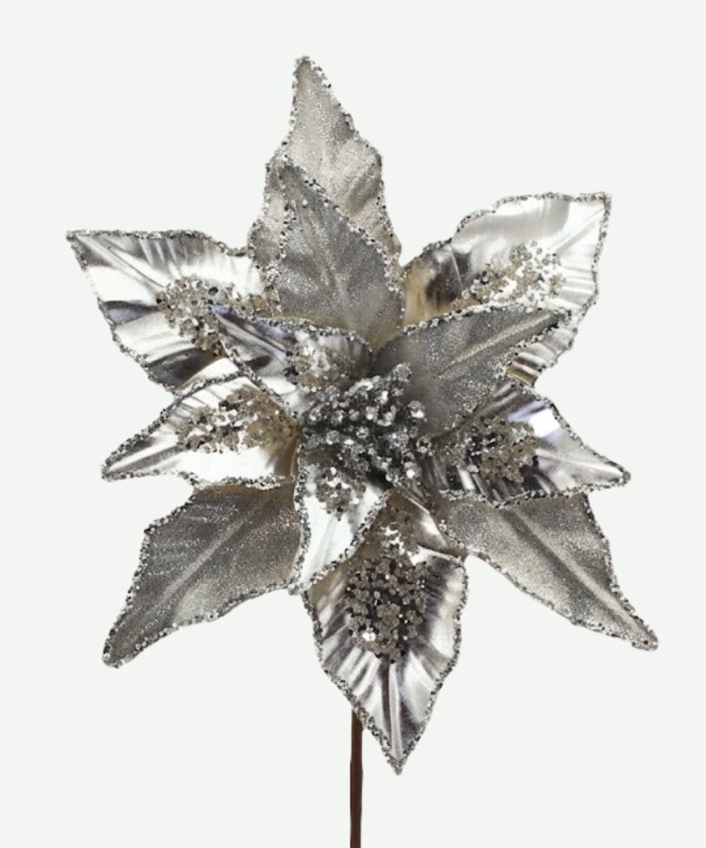 Flor Decorativa Metalizada Plata Flor Navideña para Árbol y Arreglos