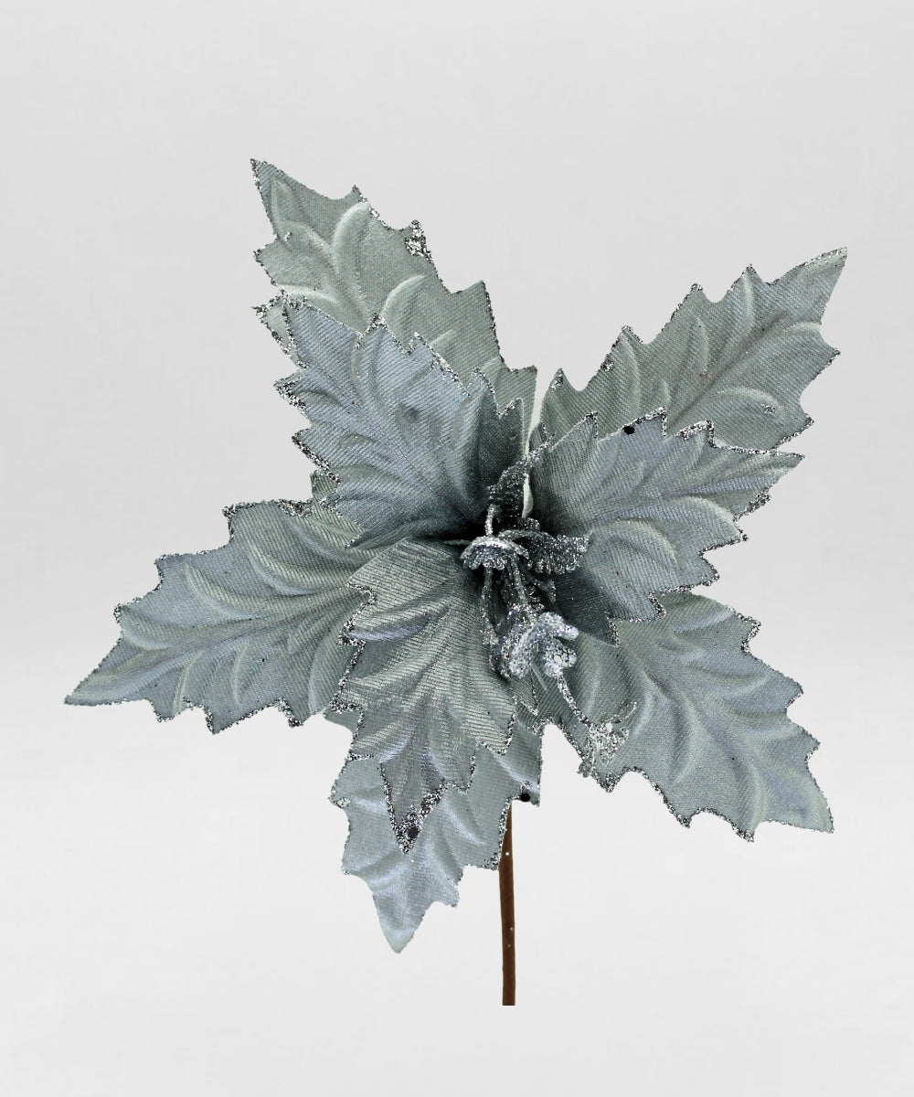 Flor Tipo Seda 25 cm Plateada Decorativa para Árbol de Navidad y Arreglos