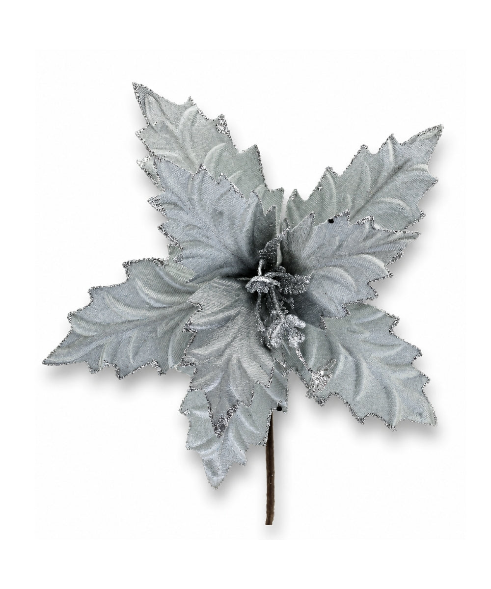 Flor Tipo Seda 25 cm Plateada Decorativa para Árbol de Navidad y Arreglos