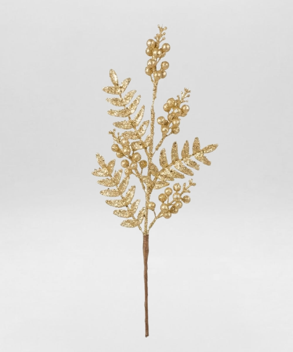 Follaje Hojas con Flores y Bolas Escarchado Dorado 62 cm