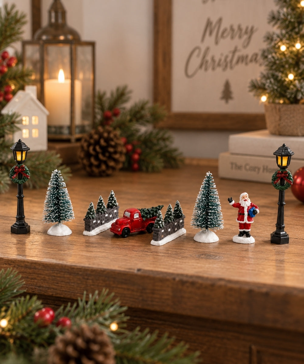 Figuras Navideñas Decorativas 9 cm – Santa, Camioneta y Faroles