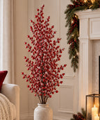 Follaje Navideño Rojo con Bayas y Efecto Nevado 105 cm