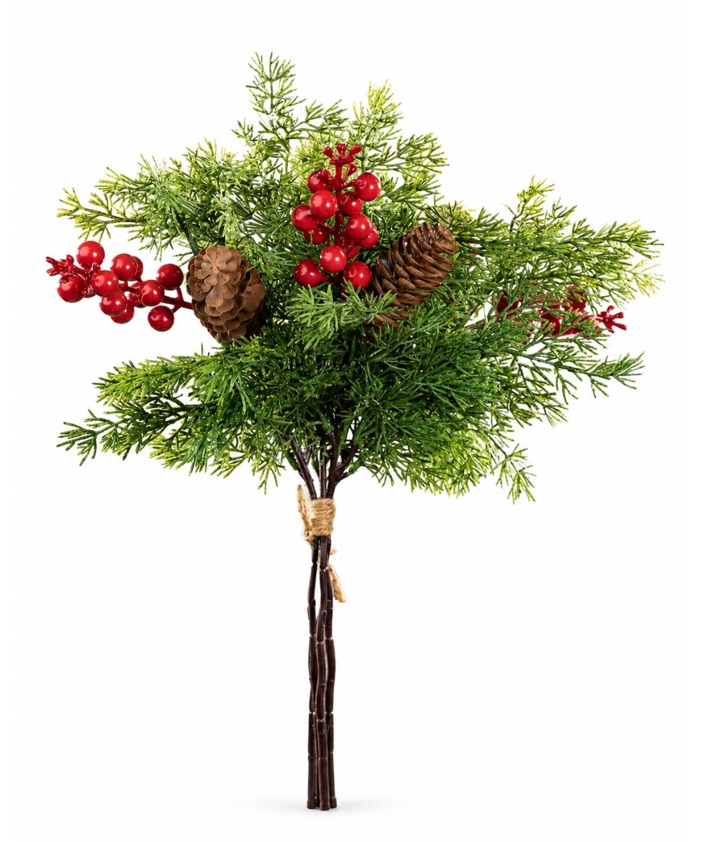 Follaje Navideño Verde con Bayas Rojas y Piñas 46 cm