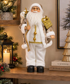 Santa Claus Navideño Blanco, Beige y Dorado 50 x 15 cm con Regalo