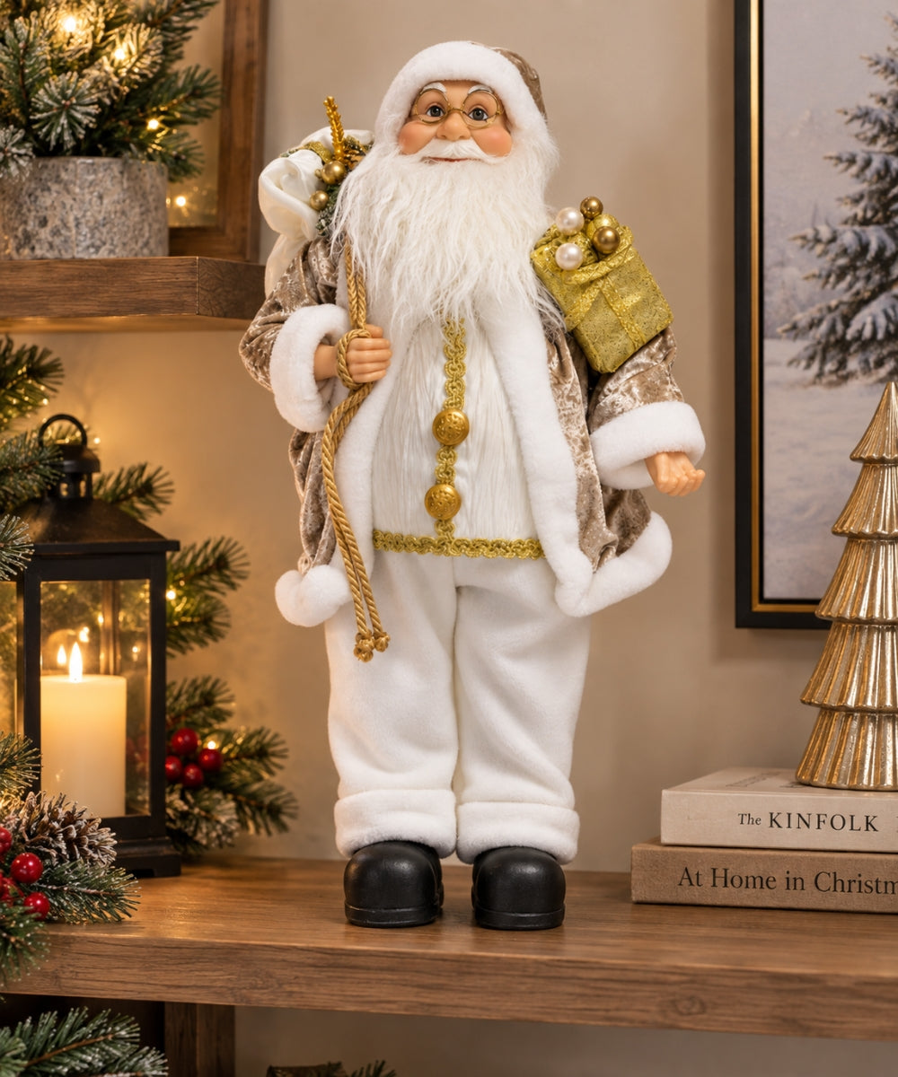 Santa Claus Navideño Blanco, Beige y Dorado 50 x 15 cm con Regalo