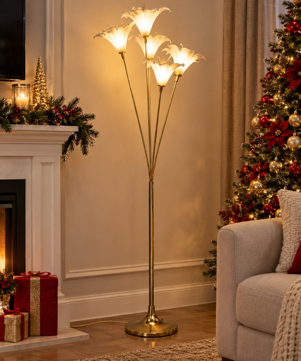 Lámpara de Pie Dorada con Flores Iluminadas 147 cm
