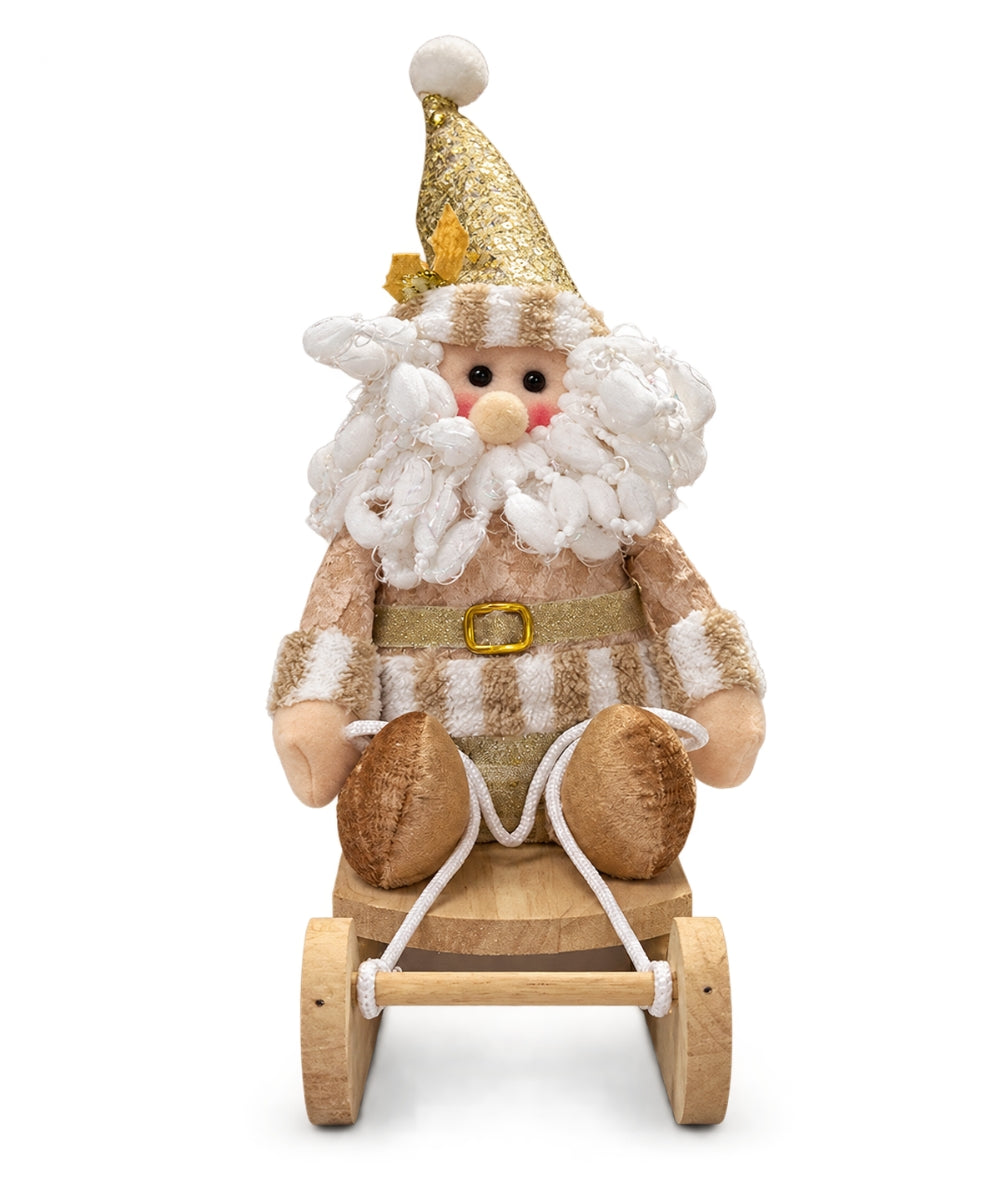 Santa Navideño Decorativo Beige y Dorado en Trineo 24 x 11 cm