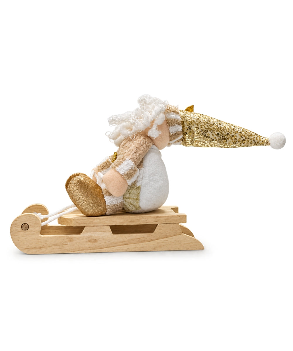 Santa Navideño Decorativo Beige y Dorado en Trineo 24 x 11 cm