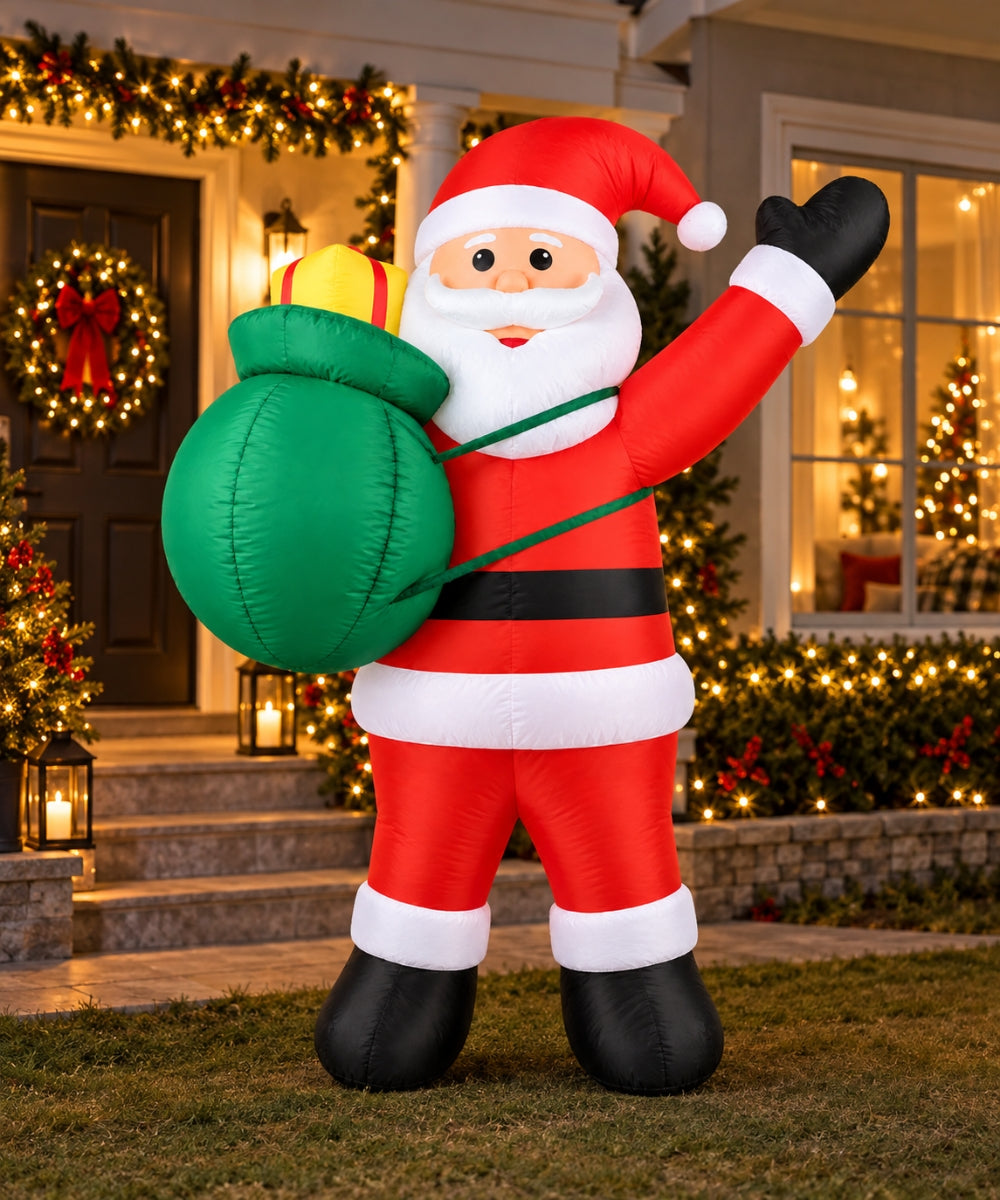 Inflable Navideño Santa Claus Rojo con Saco Verde y Regalo 1.50 m