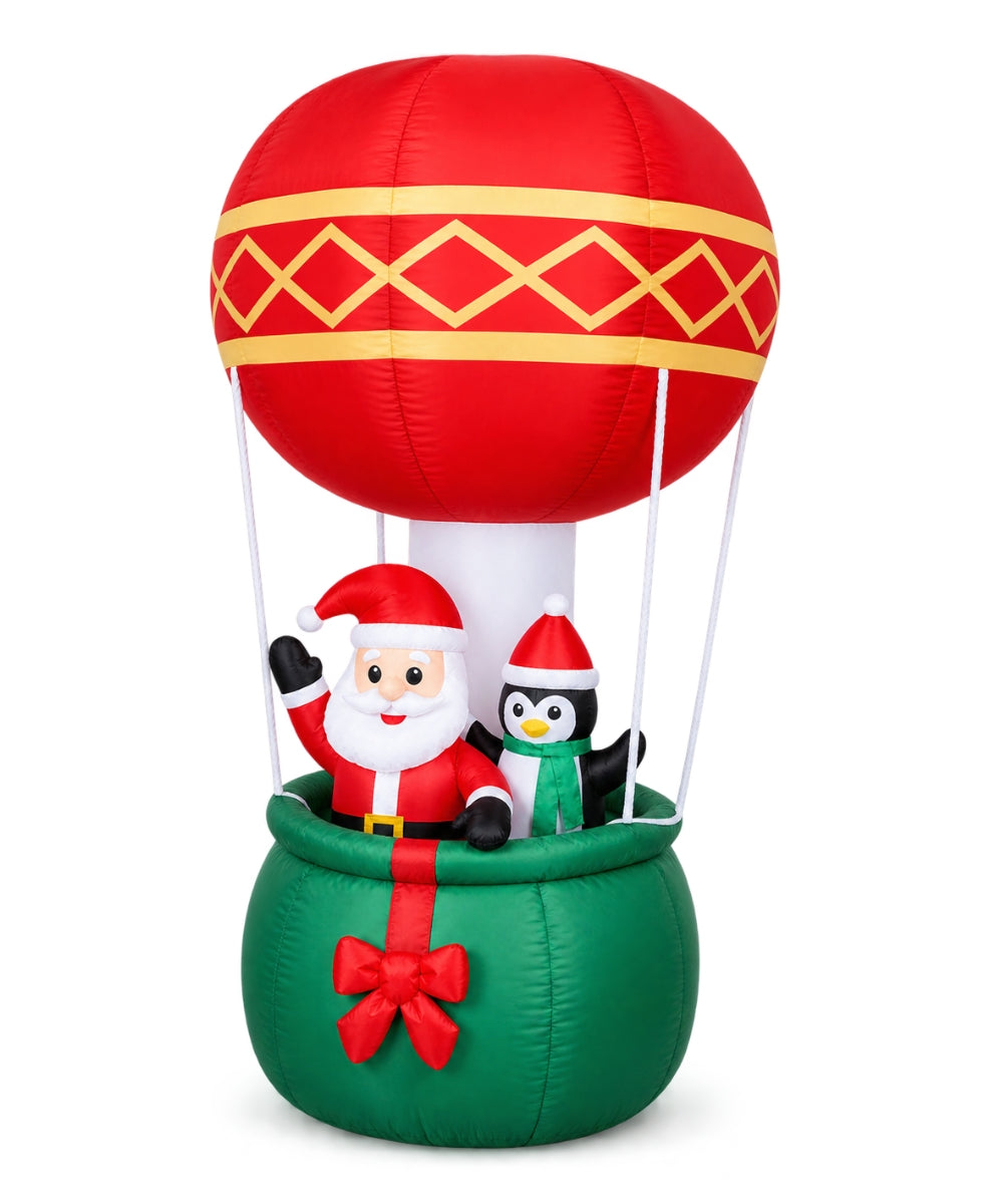 Inflable Navideño Globo Aerostático Rojo y Verde con Santa y Pingüino 2.40 m