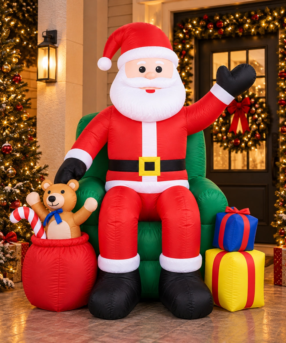 Inflable Navideño Rojo Santa Claus en Sillón con Regalos 2.40 m