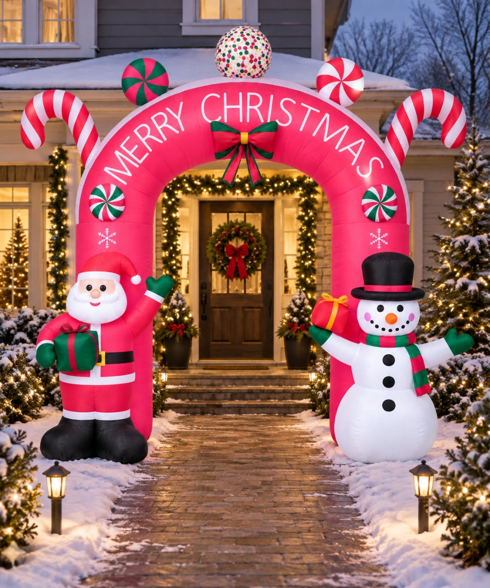 Inflable Navideño Arco Merry Christmas con Santa y Muñeco de Nieve 3 m